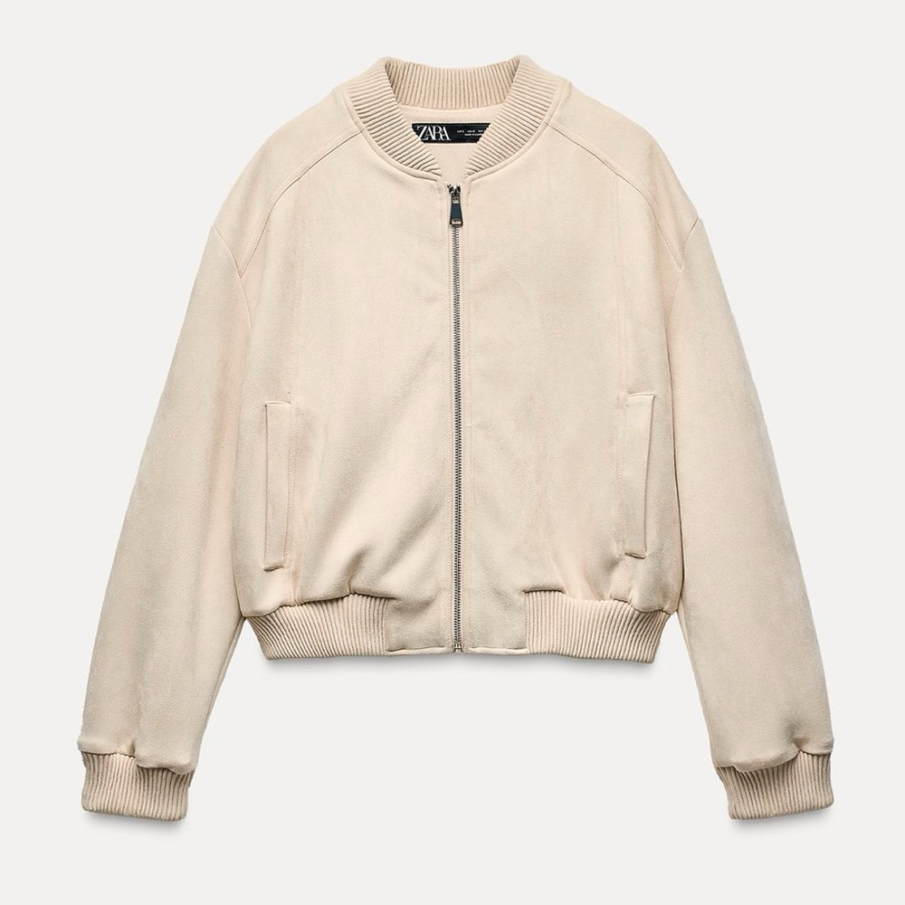 Zara Cream Bomber Jacket with Ribbed Cuffs Sz XS